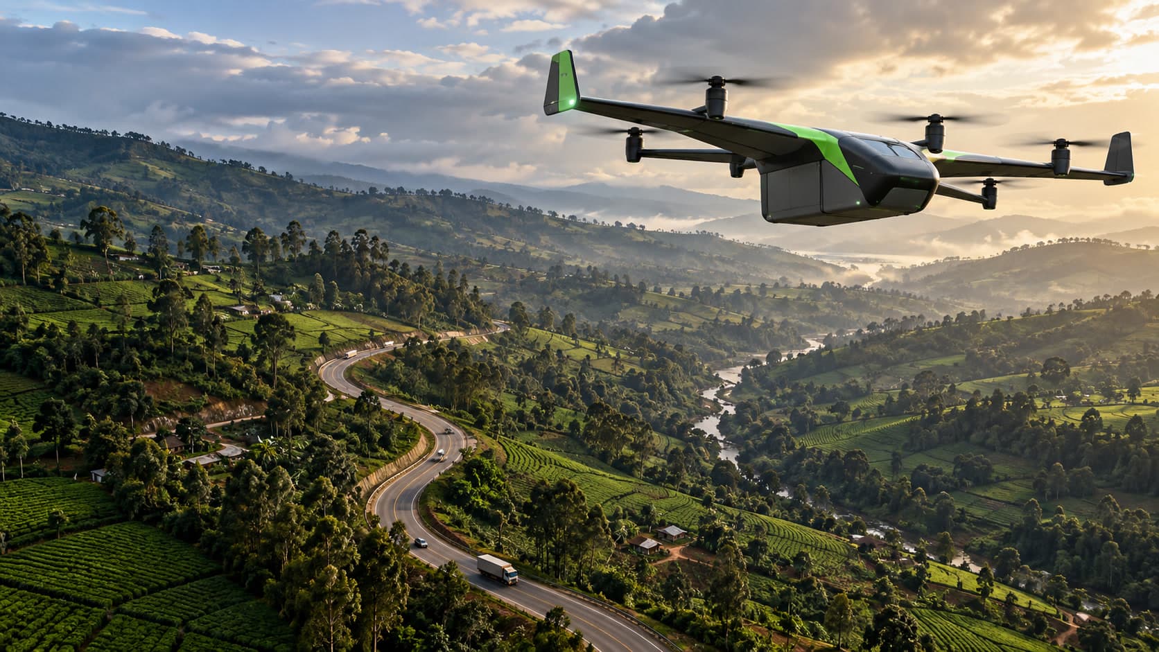 A cargo delivery drone flying above winding roads in the Kenyan highlands