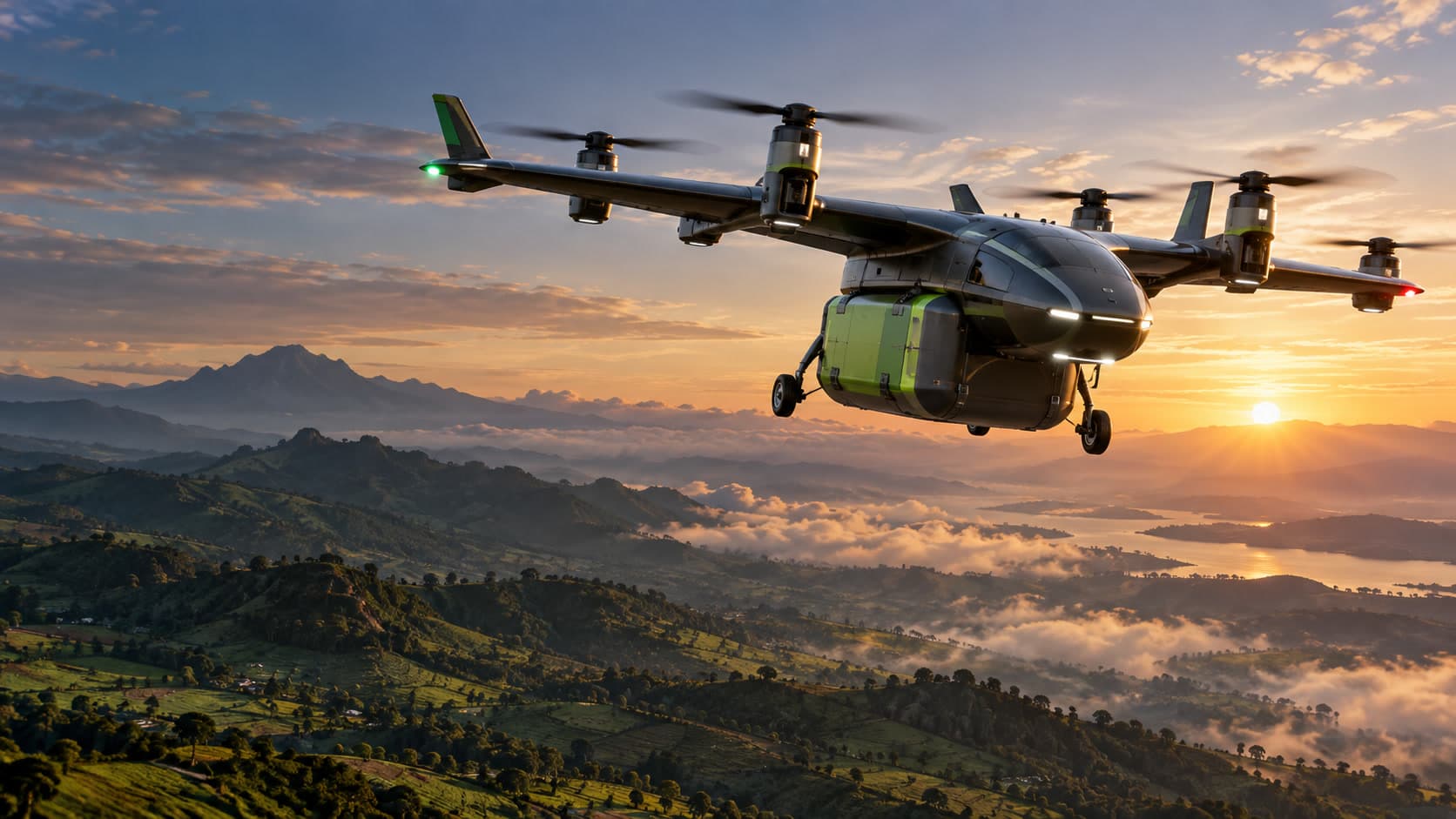 A green Suivi cargo delivery drone in flight over green highlands at sunset